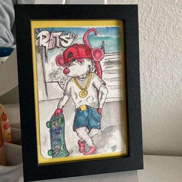 Framed Watercolor and Ink Painting “rats” - Picture 1 of 6